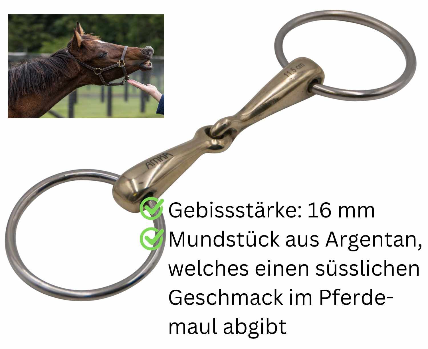 Gebiss mit 16 mm Stärke, Mundstück aus Argentan. Text: Mundstück aus Argentan, welches einen süßlichen Geschmack im Pferdemaul abgibt.