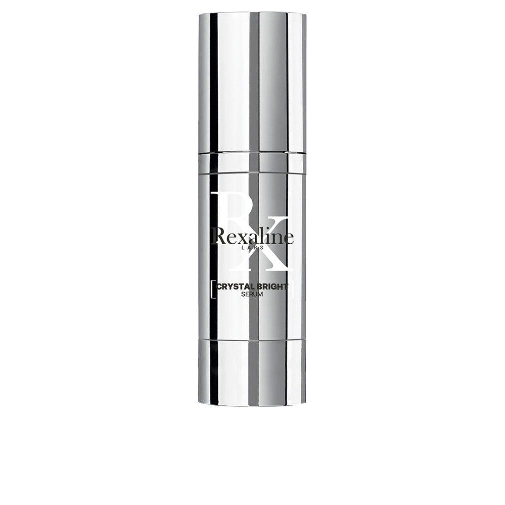 Silberfarbene Serumflasche mit Rexaline-Logo und Schriftzug Crystal Bright Serum. Zylindrische Form.
