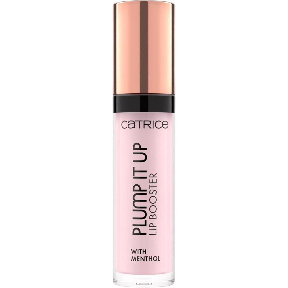 Rosa Lipgloss-Tube mit Deckel. Aufschrift: PLUMP IT UP LIP BOOSTER, WITH MENTHOL. Marke: Catrice.