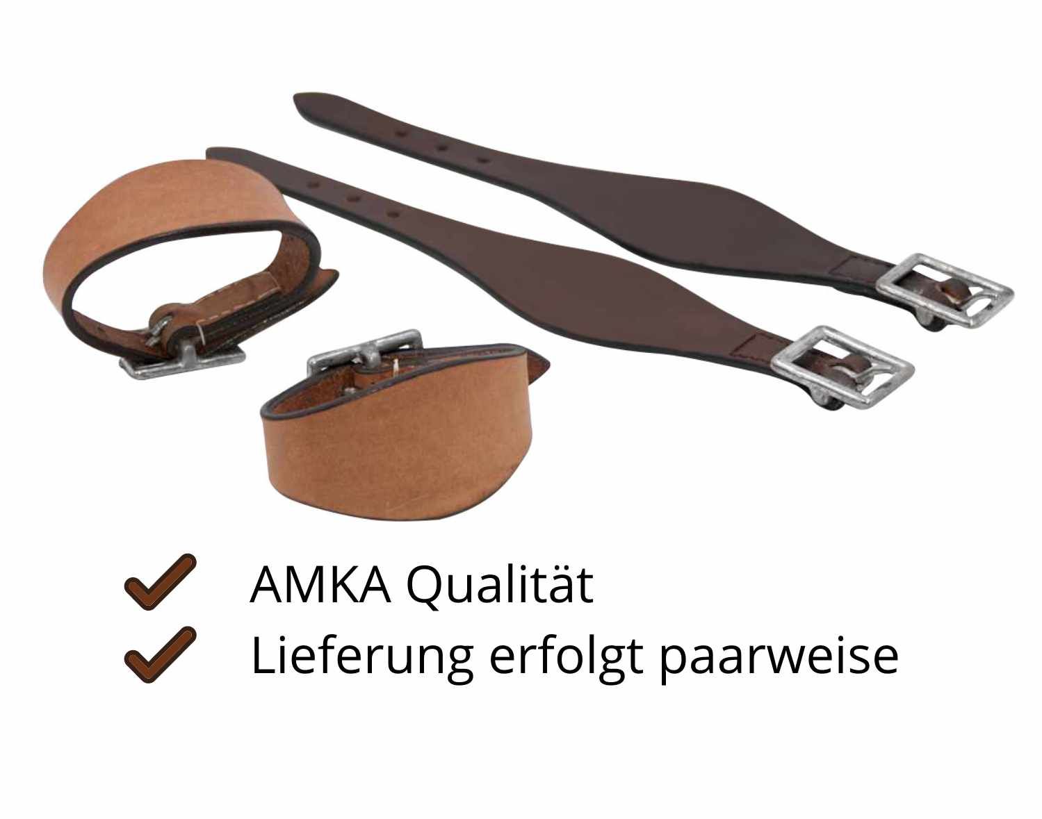 Zwei Hobble Straps und zwei Manschetten. Text: AMKA Qualität, Lieferung erfolgt paarweise.