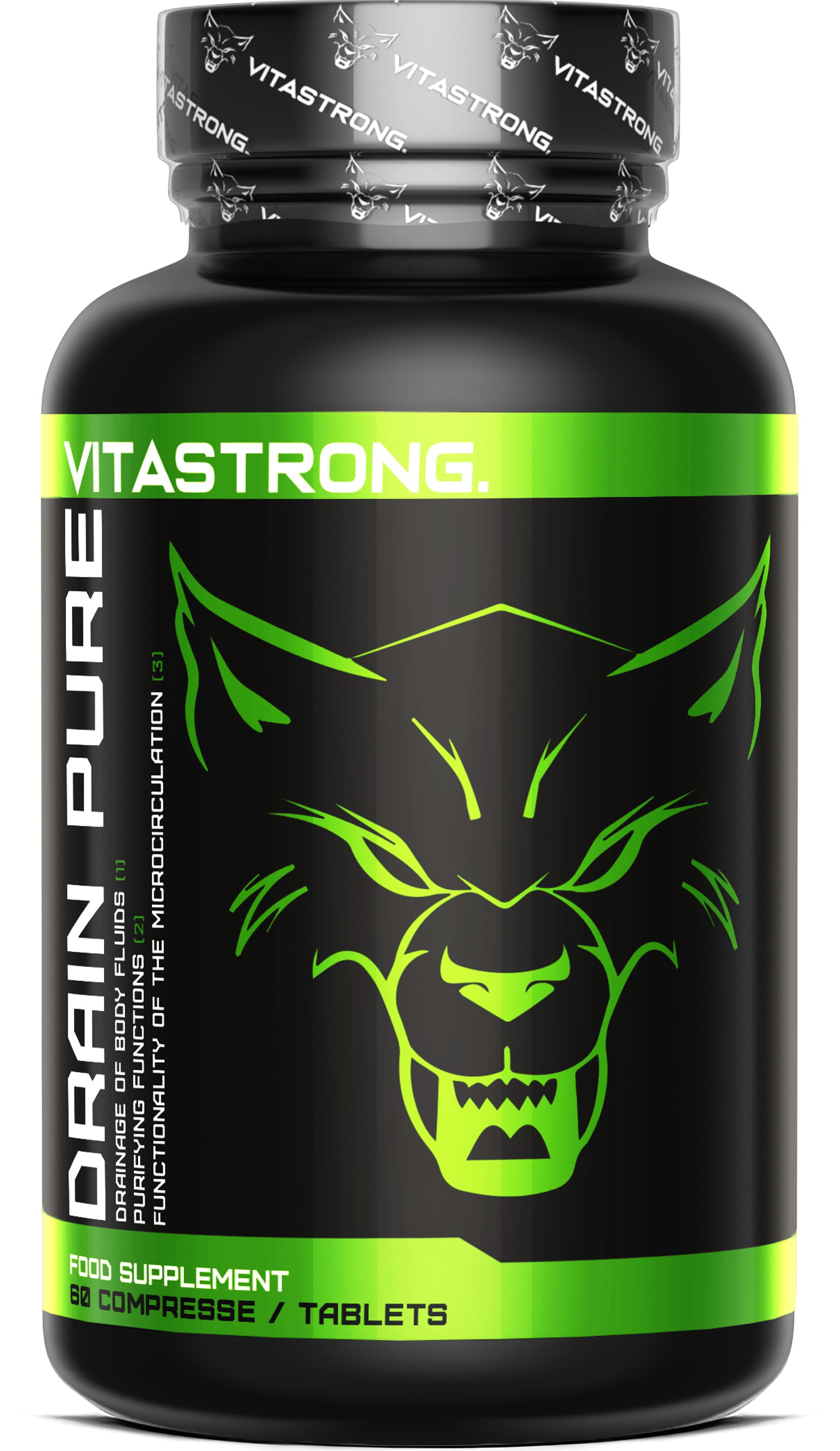 Vitastrong Drain Pure: Schwarze Dose mit grünem Etikett und Wolfskopf-Logo. 60 Tabletten.