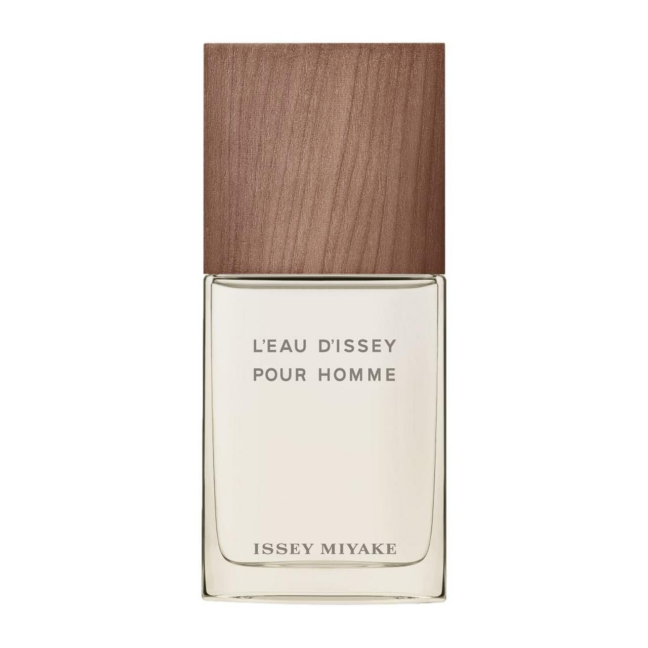 Rechteckiger Flakon mit Holzdeckel. Aufschrift: L'EAU D'ISSEY POUR HOMME und ISSEY MIYAKE.