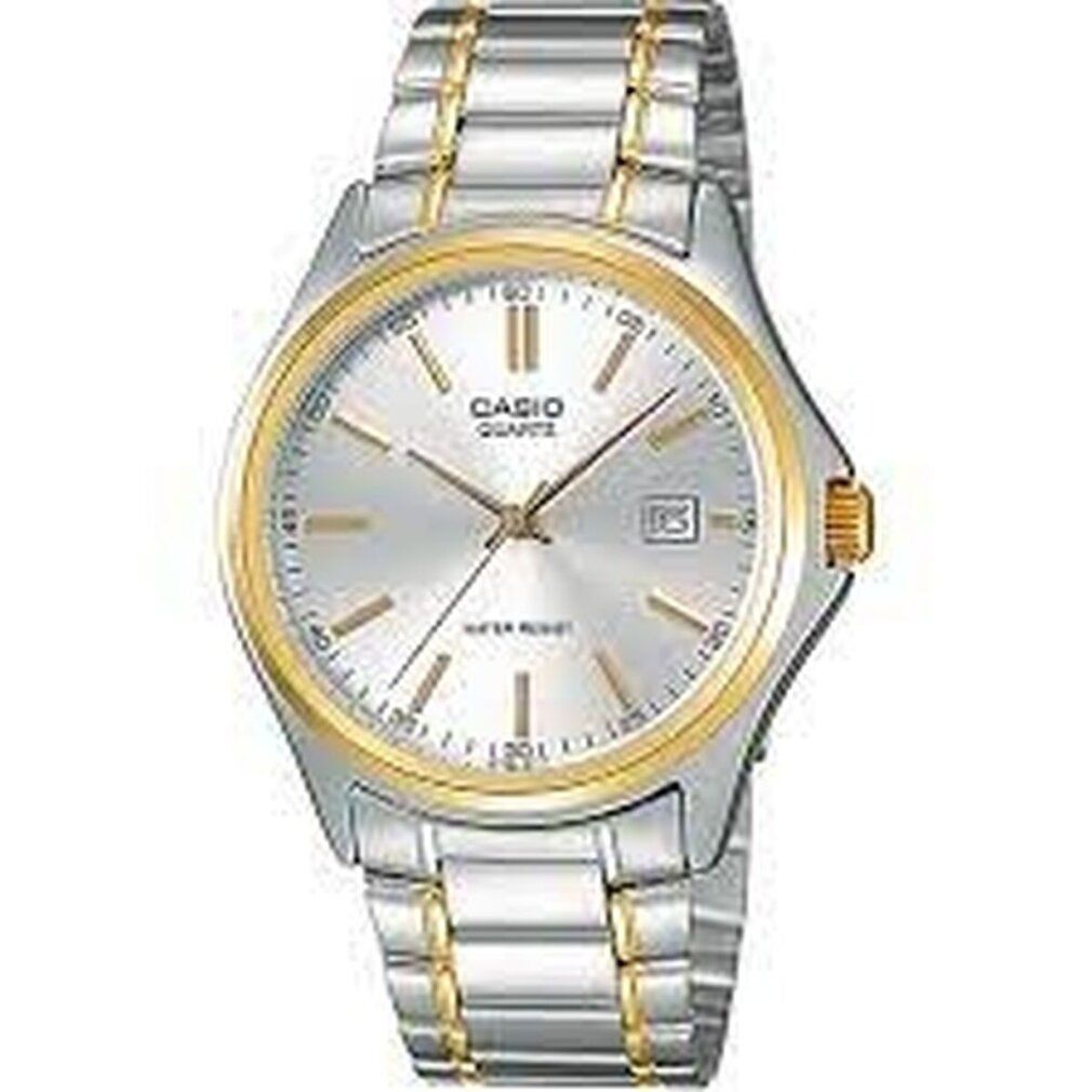 Armbanduhr mit silbernem Zifferblatt, goldenem Rand und silber-goldfarbenem Armband. Datumsanzeige bei 3 Uhr.