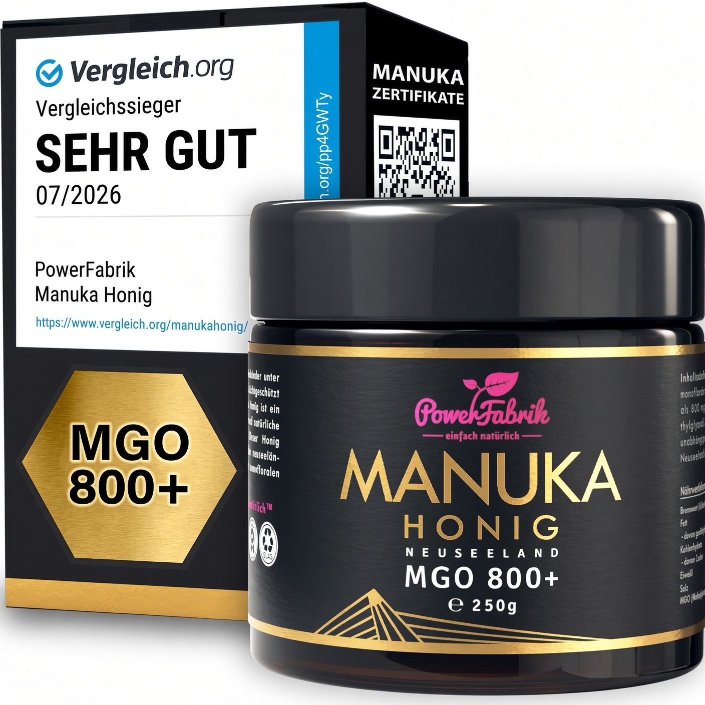 PowerFabrik Manuka Honig MGO 800+ in schwarzem Glasbehälter mit Kartonverpackung. Siegel 'Sehr Gut'.