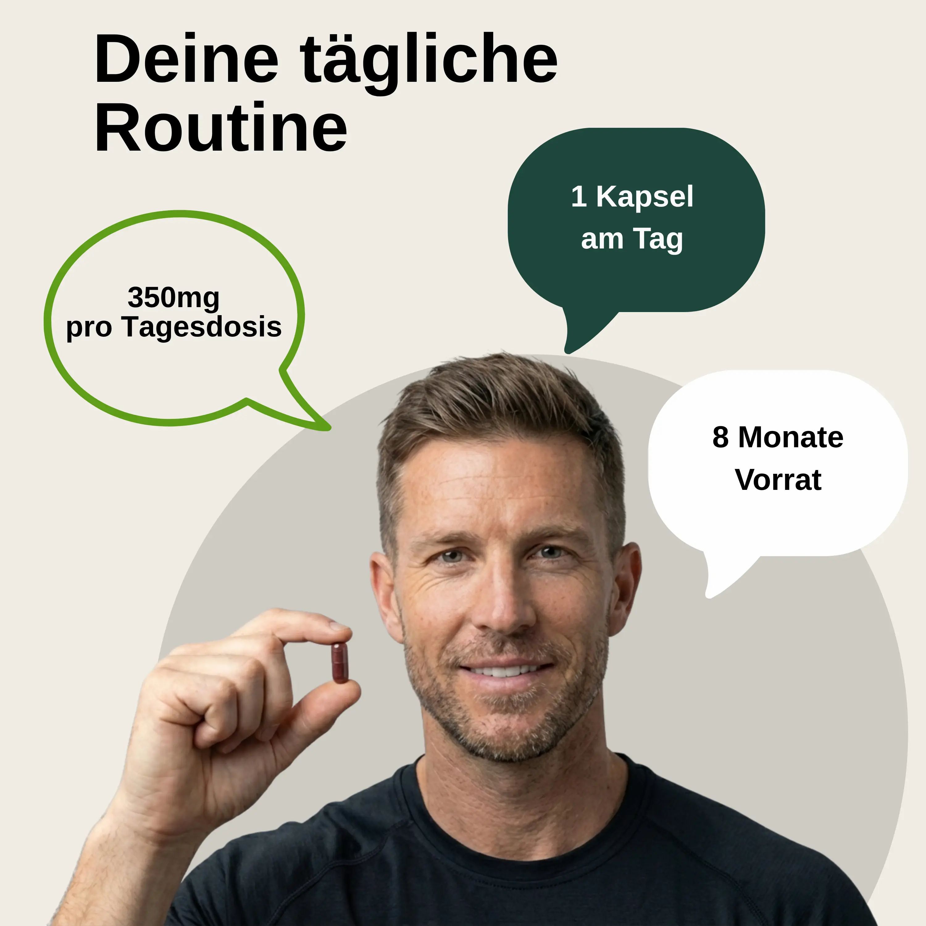Mann hält eine Vita Elements OPC Traubenkernextrakt Kapsel. 350mg Tagesdosis, 1 Kapsel täglich, 8 Monate Vorrat.