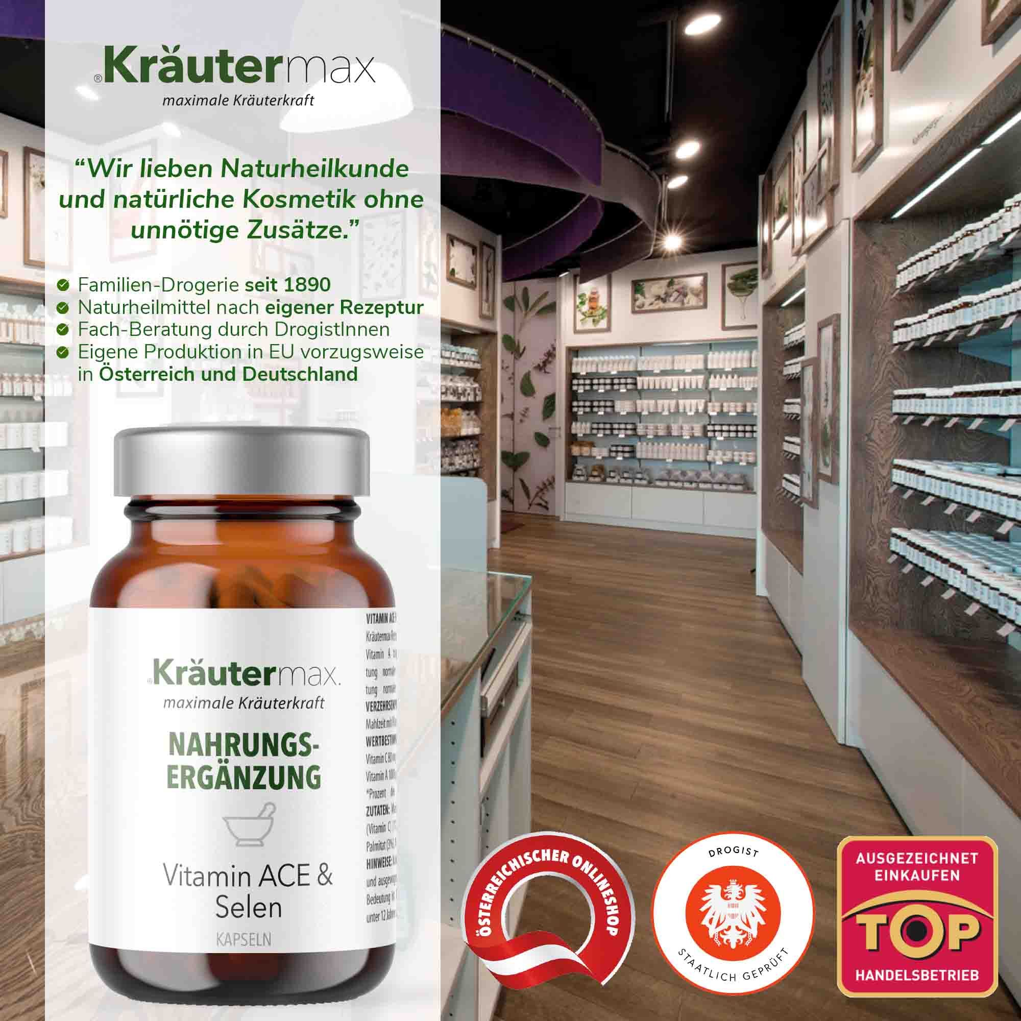 Kräutermax Vitamin ACE & Selen Kapseln in einer Apothekenumgebung. Logo, Auszeichnungen, und Produktabbildung.