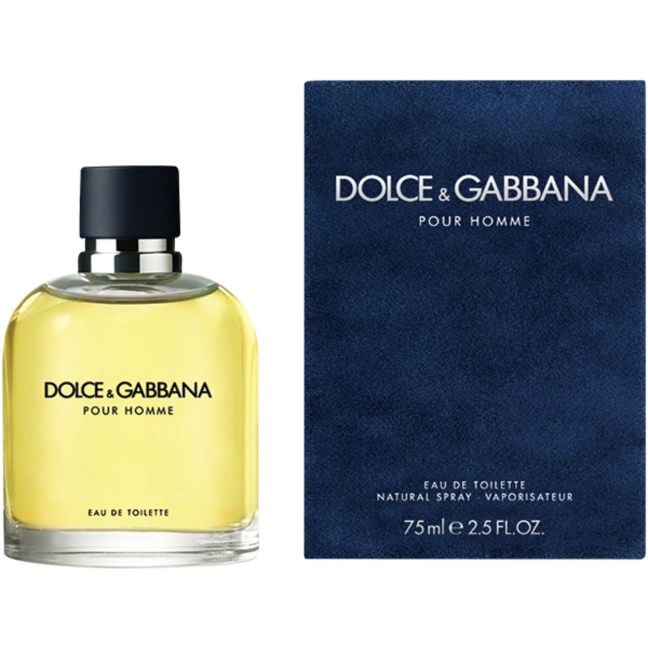 Flakon von Dolce & Gabbana Pour Homme EdT. Glasflakon mit schwarzem Deckel. Gelbliche Flüssigkeit sichtbar. Schwarze Schrift auf dem Flakon.