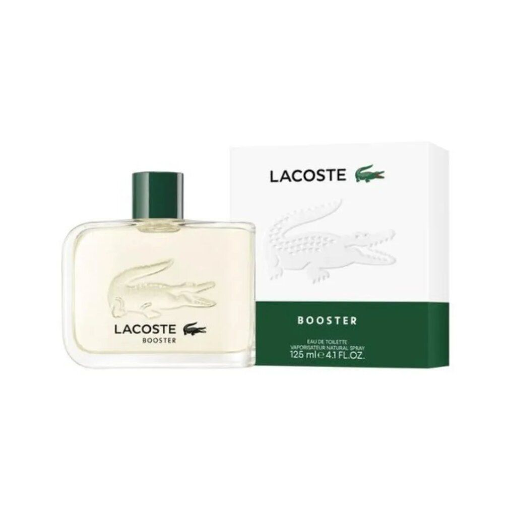 Lacoste Booster Eau de Toilette Karton. Weiß mit geprägtem Krokodil und grünen Streifen. Enthält 125ml.