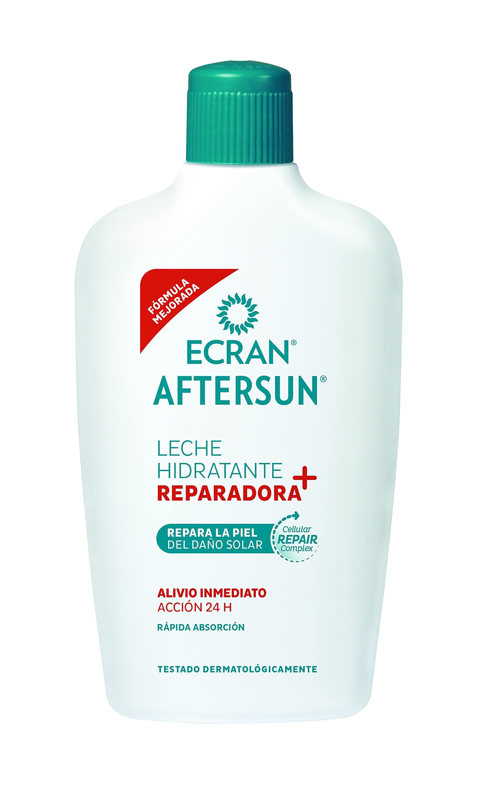 Weiße Flasche mit grünem Deckel. Aufschrift: ECRAN AFTERSUN, Leche Hidratante Reparadora. Text: Repara la piel del daño solar.