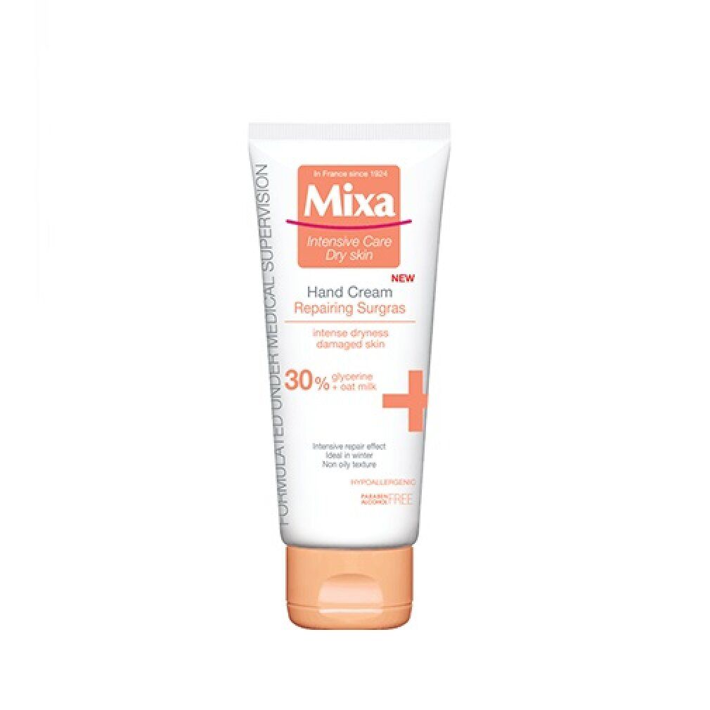 Handcreme-Tube mit Mixa-Logo. Orangefarbener Verschluss. Text: Intensive Care, Dry Skin, Hand Cream, Repairing Surgras, 30% Glycerin + Ziegenmilch.
