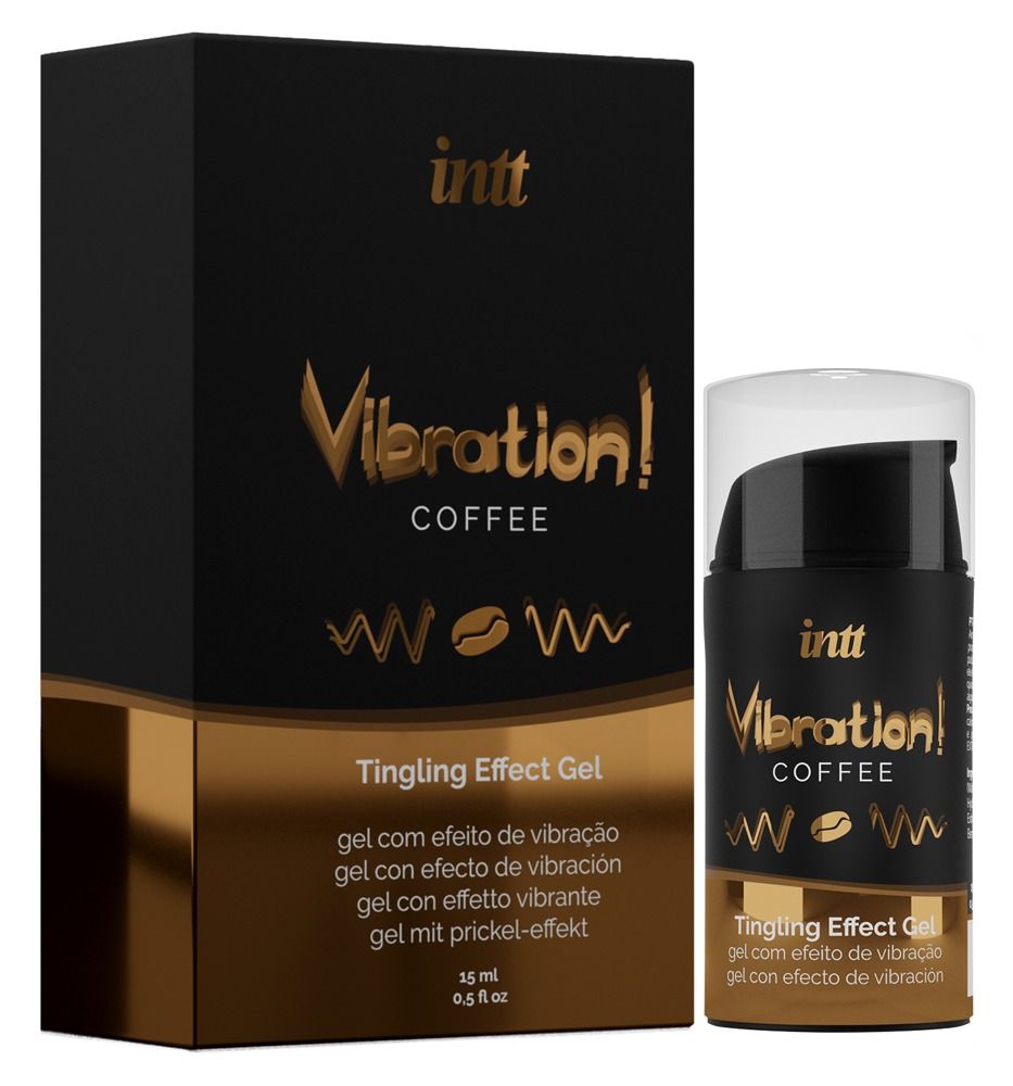 Verpackung und Flasche. Produktname: Vibration! Coffee Tingling Effect Gel. Marke: INTT. Flasche mit Pumpkopf.