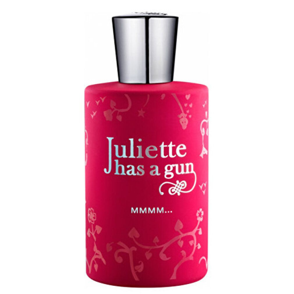 Juliette Has A Gun Mmmm… Eau de Parfum Spray in einem roten Flakon mit silbernem Verschluss und floralem Muster.