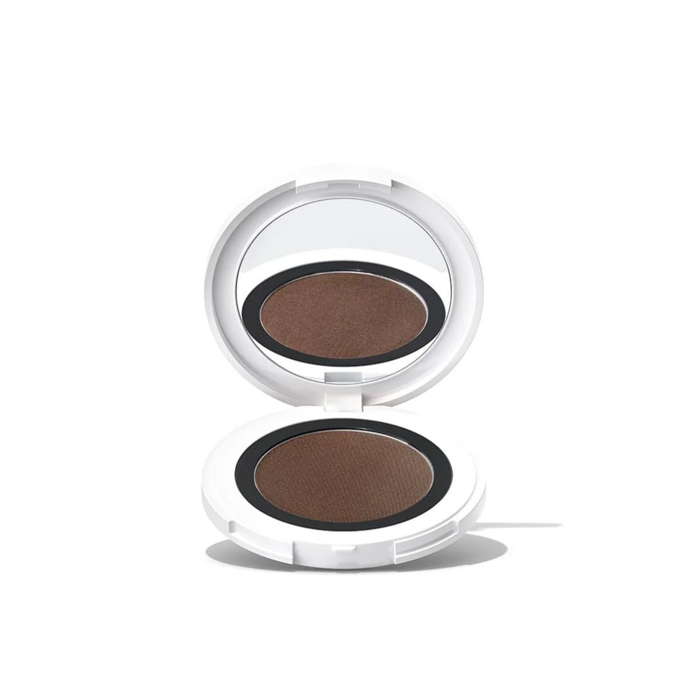 Offene, weiße Dose mit braunem Lidschatten und Spiegel. Schwarzer Rand.