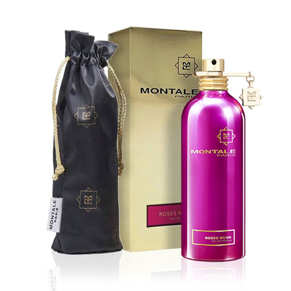 Rosa Parfumflasche, goldene Verpackung, schwarzer Beutel. Aufschrift: MONTALE PARIS, ROSES MUSK.