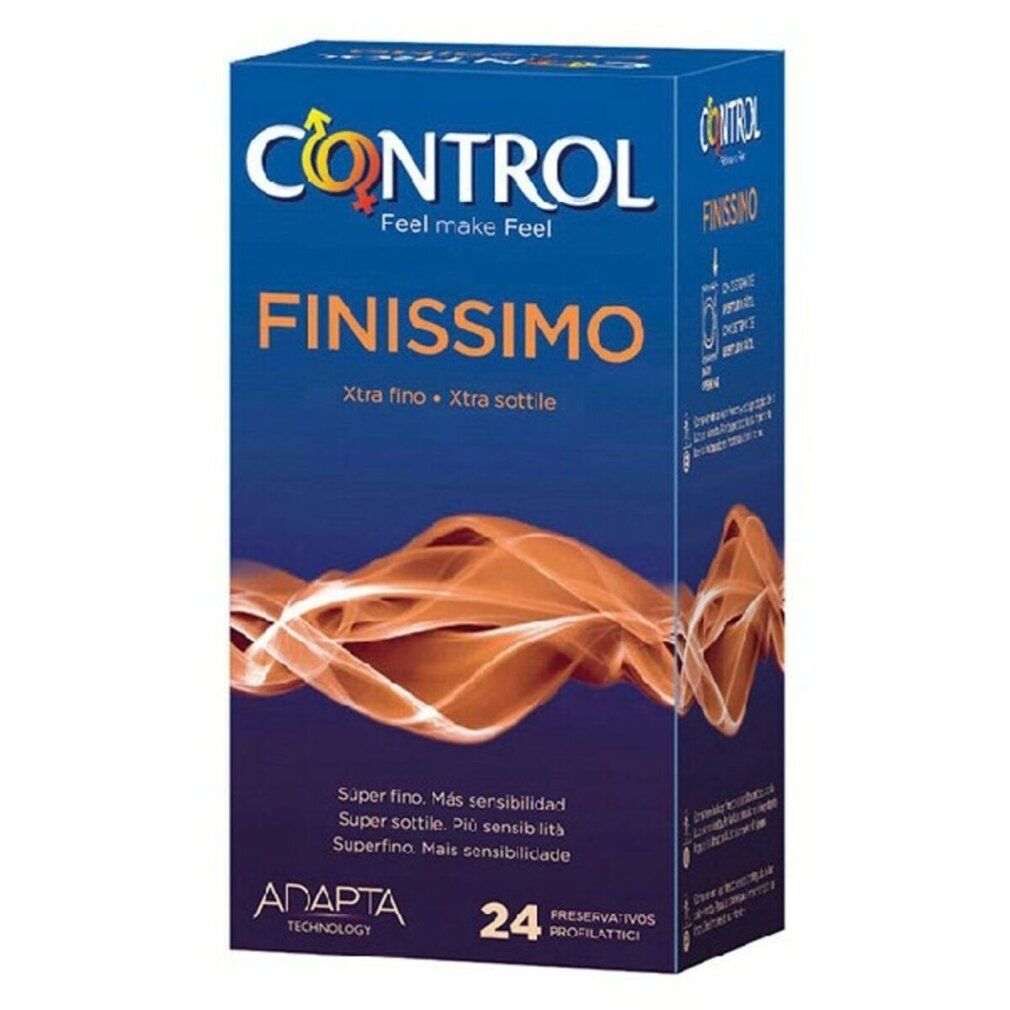 Kondom-Verpackung. Marke CONTROL, Produkt FINISSIMO. Blaue Schachtel mit orangefarbenem Design. Enthält 24 Kondome.