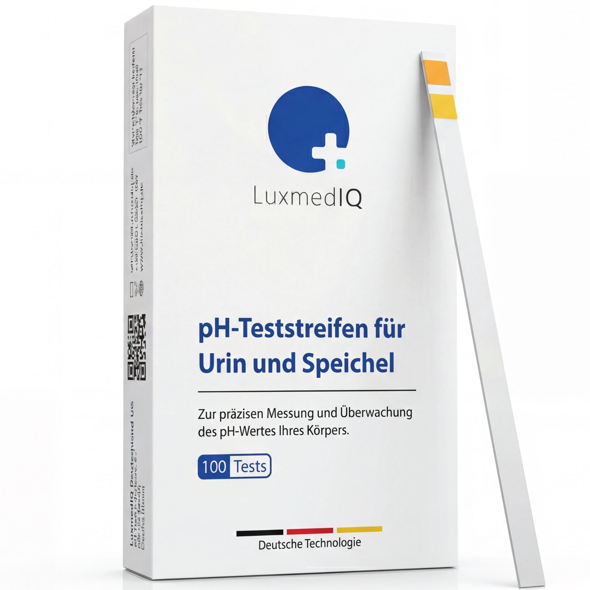 Weiße Schachtel mit pH-Teststreifen. Logo LuxmedIQ. Text: pH-Teststreifen für Urin und Speichel. 100 Tests. Deutsche Technologie.