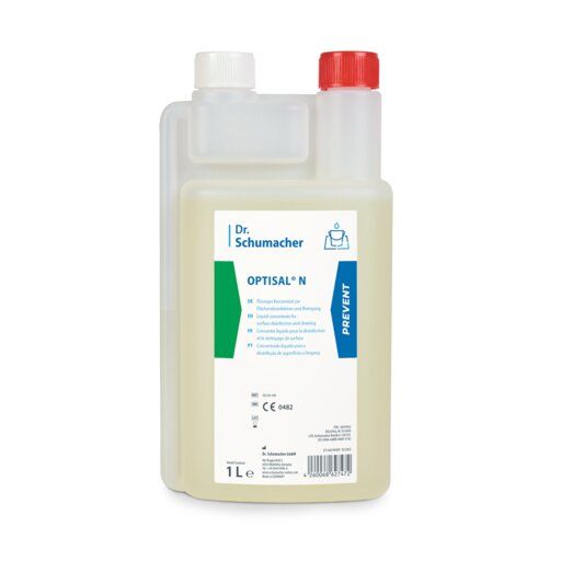 Flasche Dr. Schumacher OPTISAL N. Weiße Flasche mit rotem und weißem Verschluss. Etikett mit Produktnamen und Logo.