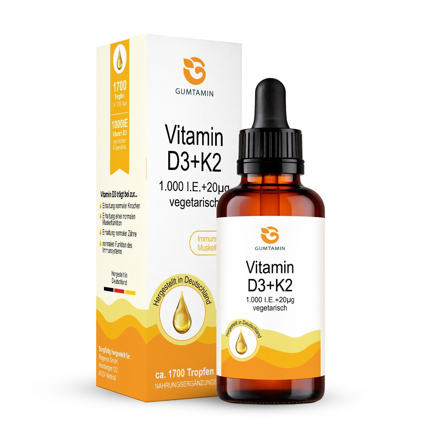Braune Glasflasche mit Tropfer und Karton. Aufschrift: Gumtamin Vitamin D3+K2, 1.000 I.E. +20µg, vegetarisch. Karton mit gelben Akzenten.