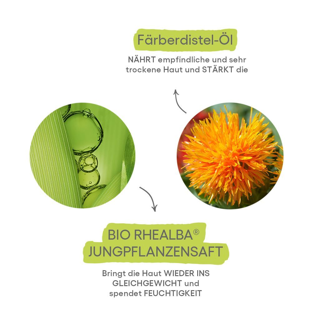 Nahaufnahme von Distelöl und Bio Rhealba Jungpflanzensaft. Text: Nährt empfindliche Haut. Spendet Feuchtigkeit.
