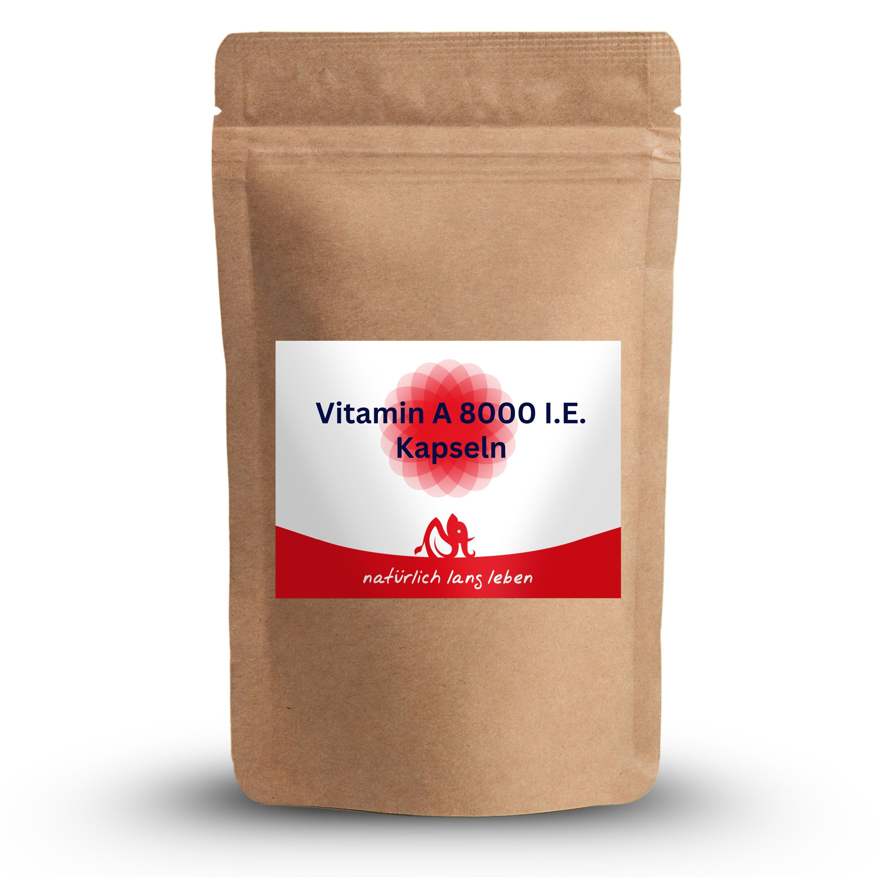 Braune Tüte mit Etikett. Auf dem Etikett steht "Vitamin A 8000 I.E. Kapseln" und "natürlich lang leben".