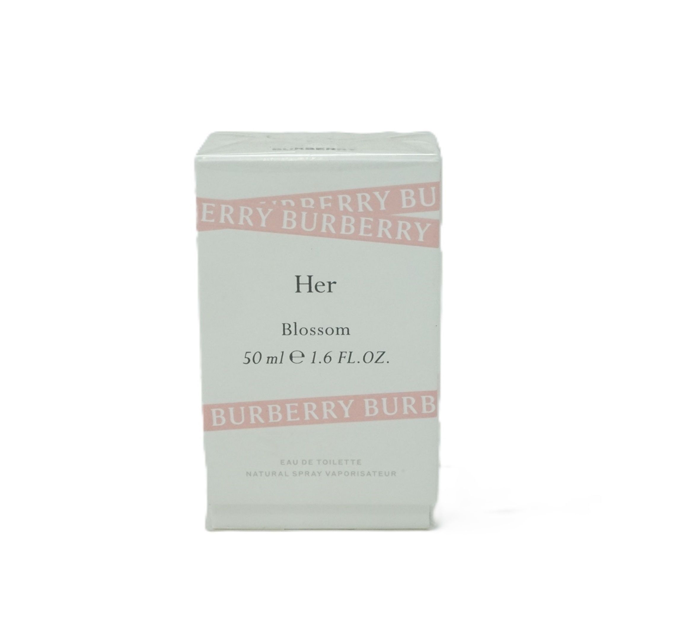 Weiße Verpackung mit rosa Streifen und Text: Burberry Her Blossom. Produktinformationen auf der Verpackung.
