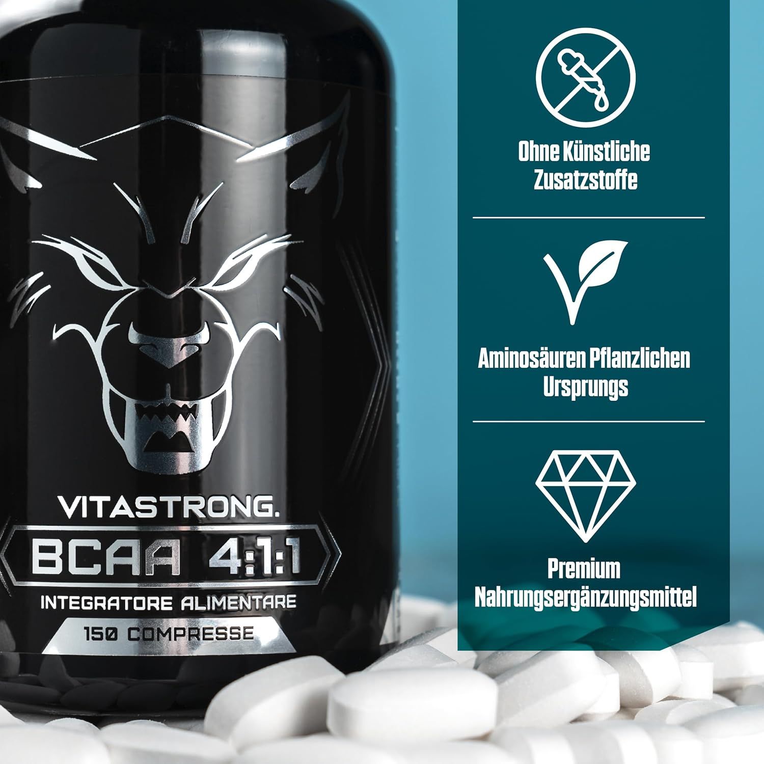 Vitastrong BCAA 4:1:1, 150 Tabletten. Zusätzliche Informationen: Ohne künstliche Zusatzstoffe, Aminosäuren pflanzlichen Ursprungs.