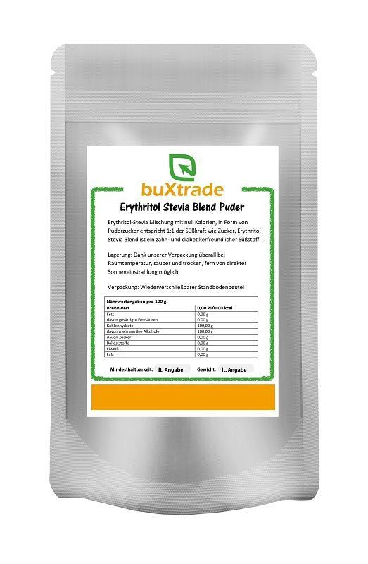 Beutel mit buXtrade Erythritol Stevia Puderzucker. Grün-weißer Aufdruck mit Produktinformationen und Nährwerttabelle.