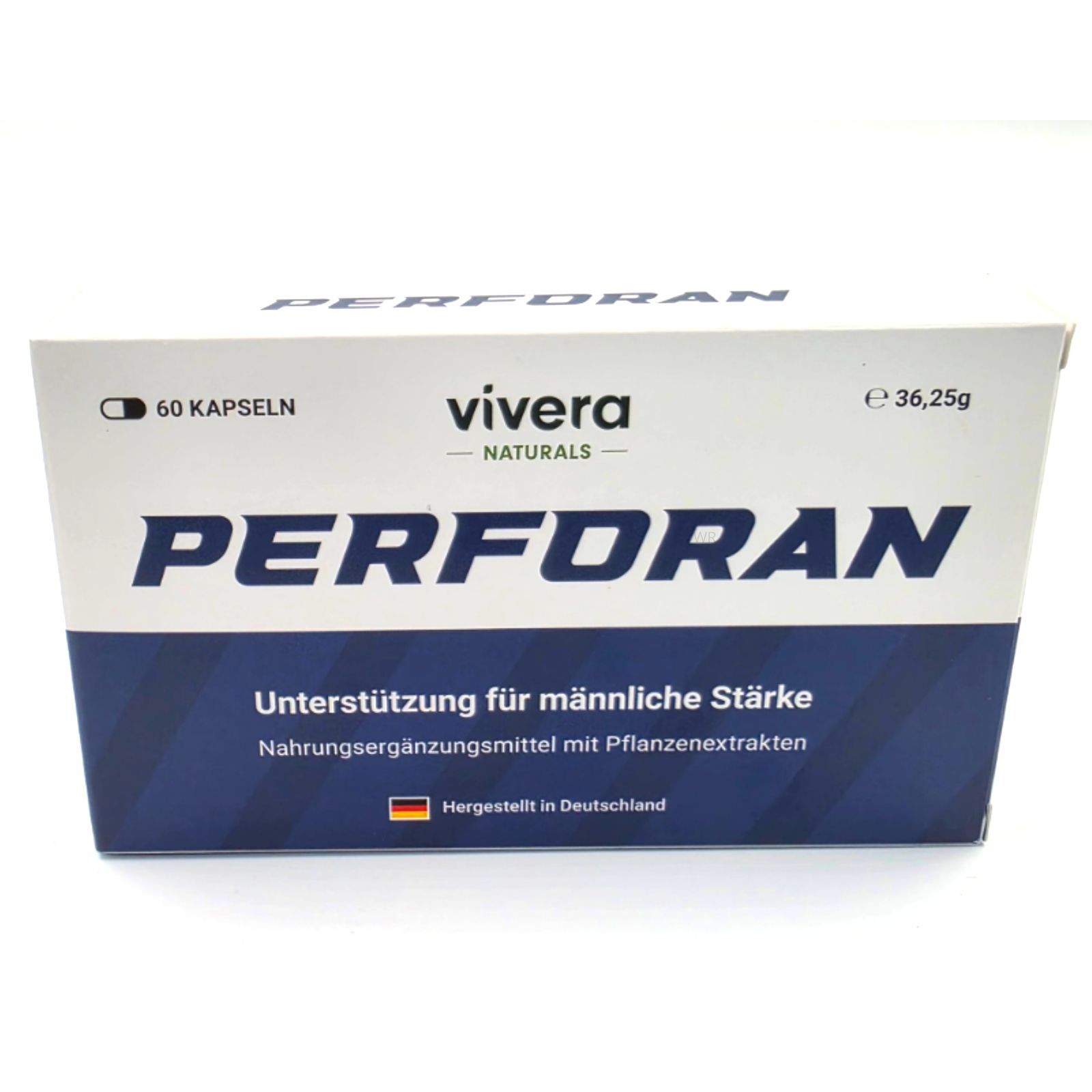Schachtel mit "PERFORAN"-Aufdruck. Enthält 60 Kapseln. "Vivera Naturals" Logo. Text: Unterstützung für männliche Stärke. Hergestellt in Deutschland.
