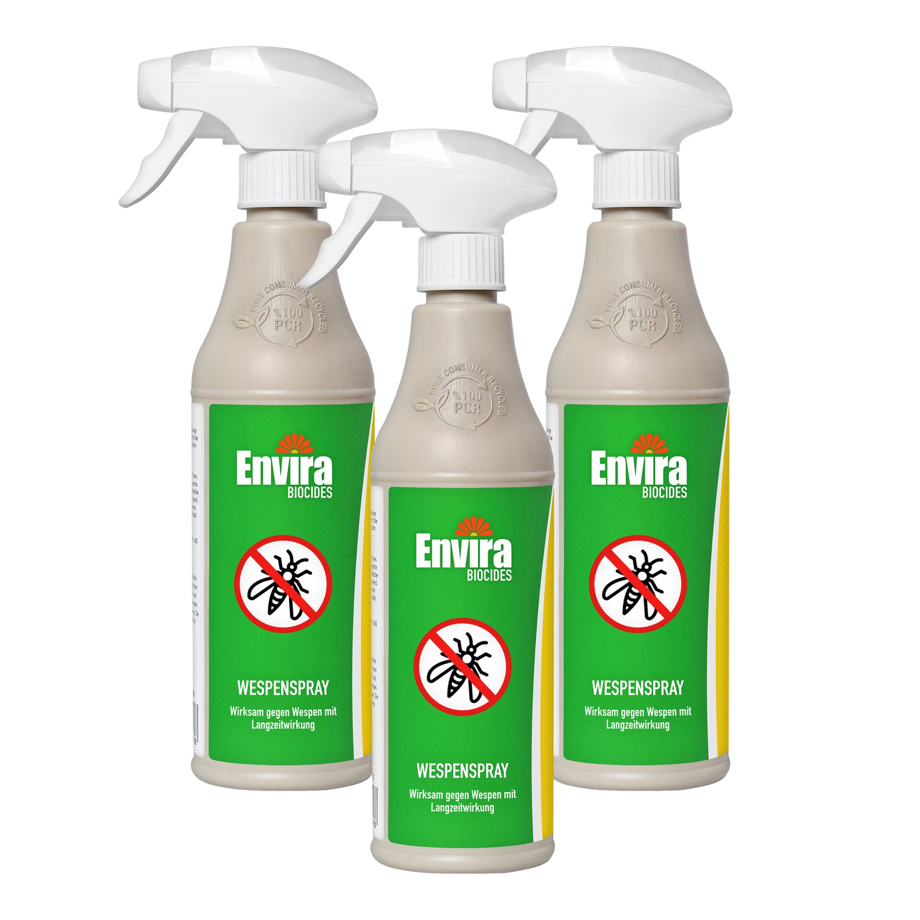 Drei Sprühflaschen mit weißem Sprühkopf. Grüne Etiketten mit rotem Wespen-Symbol und Text.