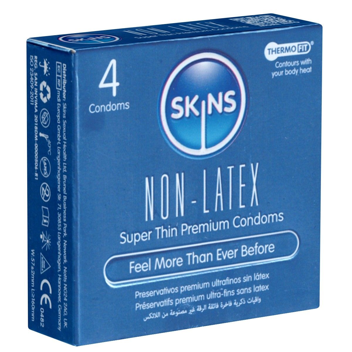 Blau-weiße Schachtel mit 4 Kondomen. Aufschrift SKINS, NON-LATEX, Super Thin Premium Condoms. Thermo Fit. Text in mehreren Sprachen.