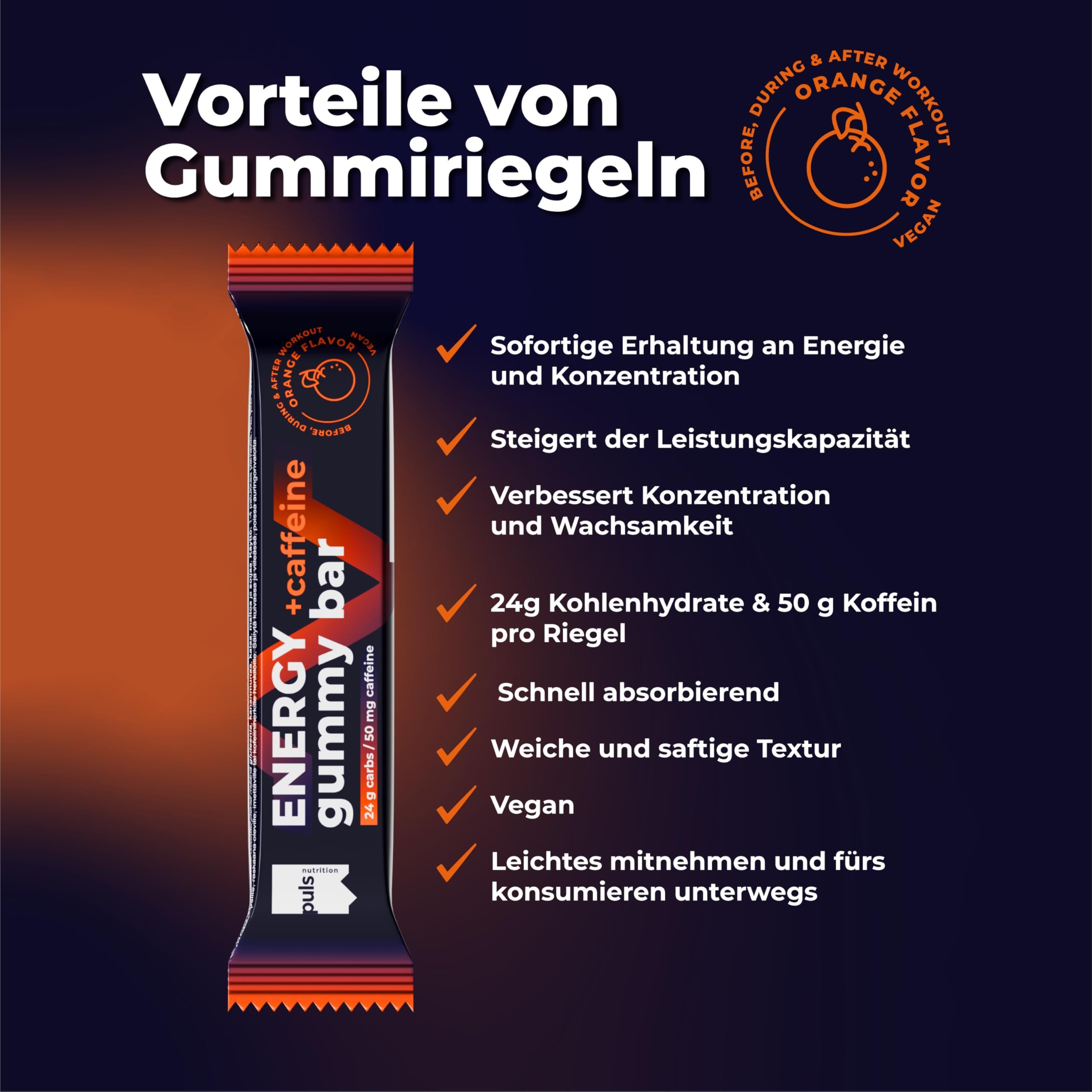 Vorteile von Gummiriegeln: Energie, Konzentration, Leistung, vegan, schnell absorbierbar.