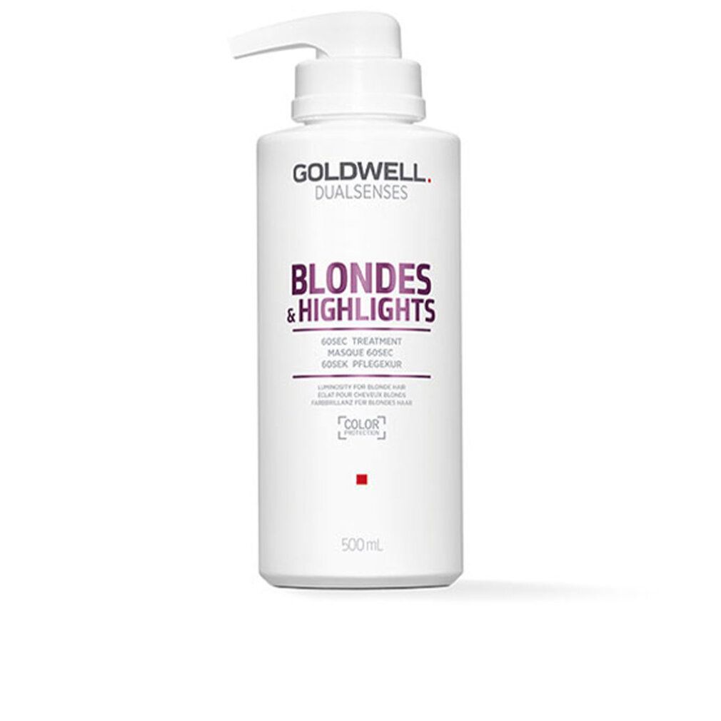 Weiße Flasche mit Pumpe. Aufschrift: GOLDWELL, BLONDES & HIGHLIGHTS, 60 Sekunden Treatment. Volumen: 500ml.