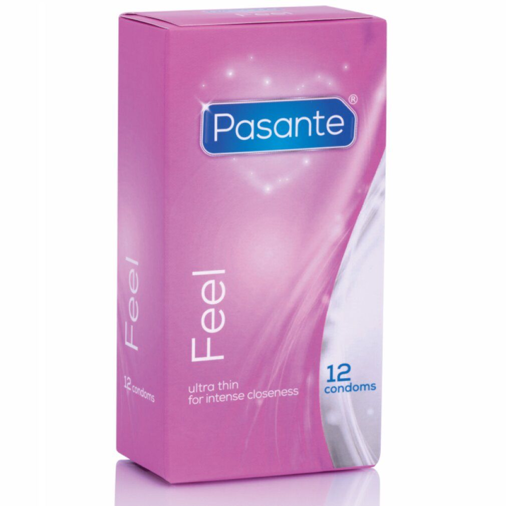 Rosa Schachtel mit Pasante Feel Kondomen. Aufschrift: ultra thin for intense closeness, 12 condoms.
