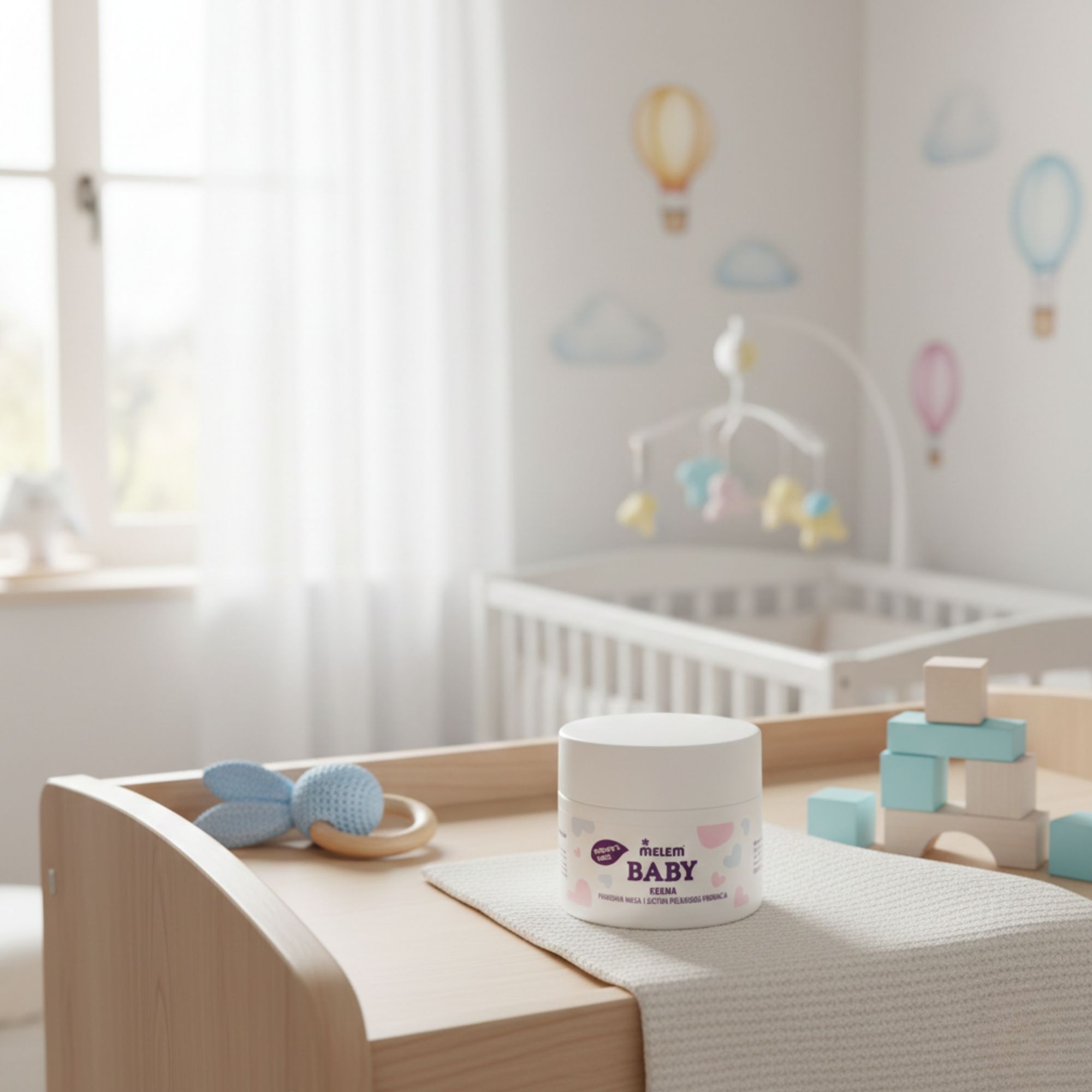 Weißes Creme-Tiegel auf Wickeltisch. Aufschrift: Melem Baby. Im Hintergrund: Babyzimmer mit Spielzeug.