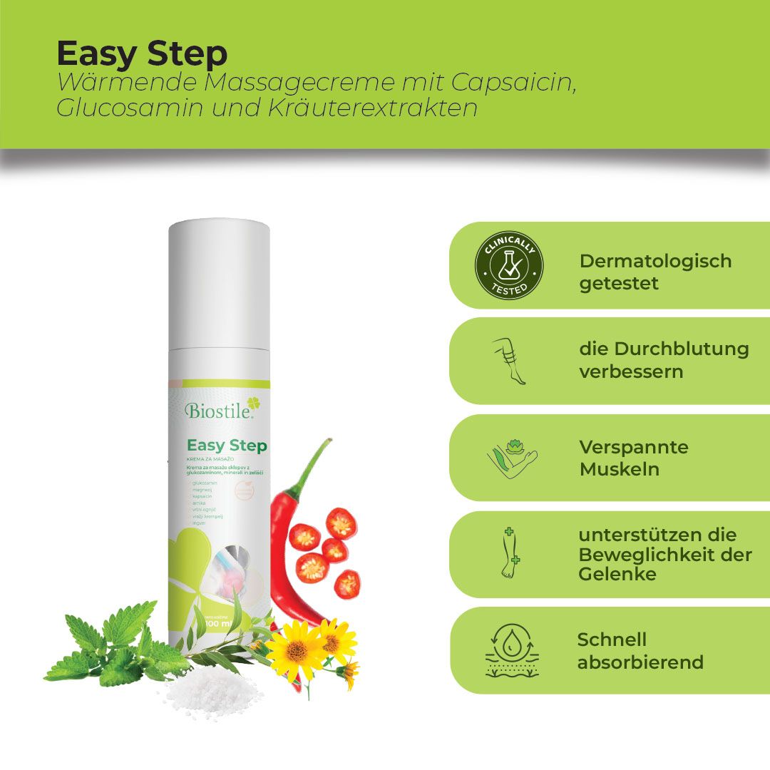 Biostile Easy Step Massagecreme mit Chili, Kräutern und Glucosamin. Dermatologisch getestet.