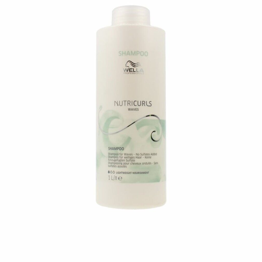 Weißes Shampoo-Flakon mit Schriftzug. Produktname: NutriCurls Waves. 1 Liter.