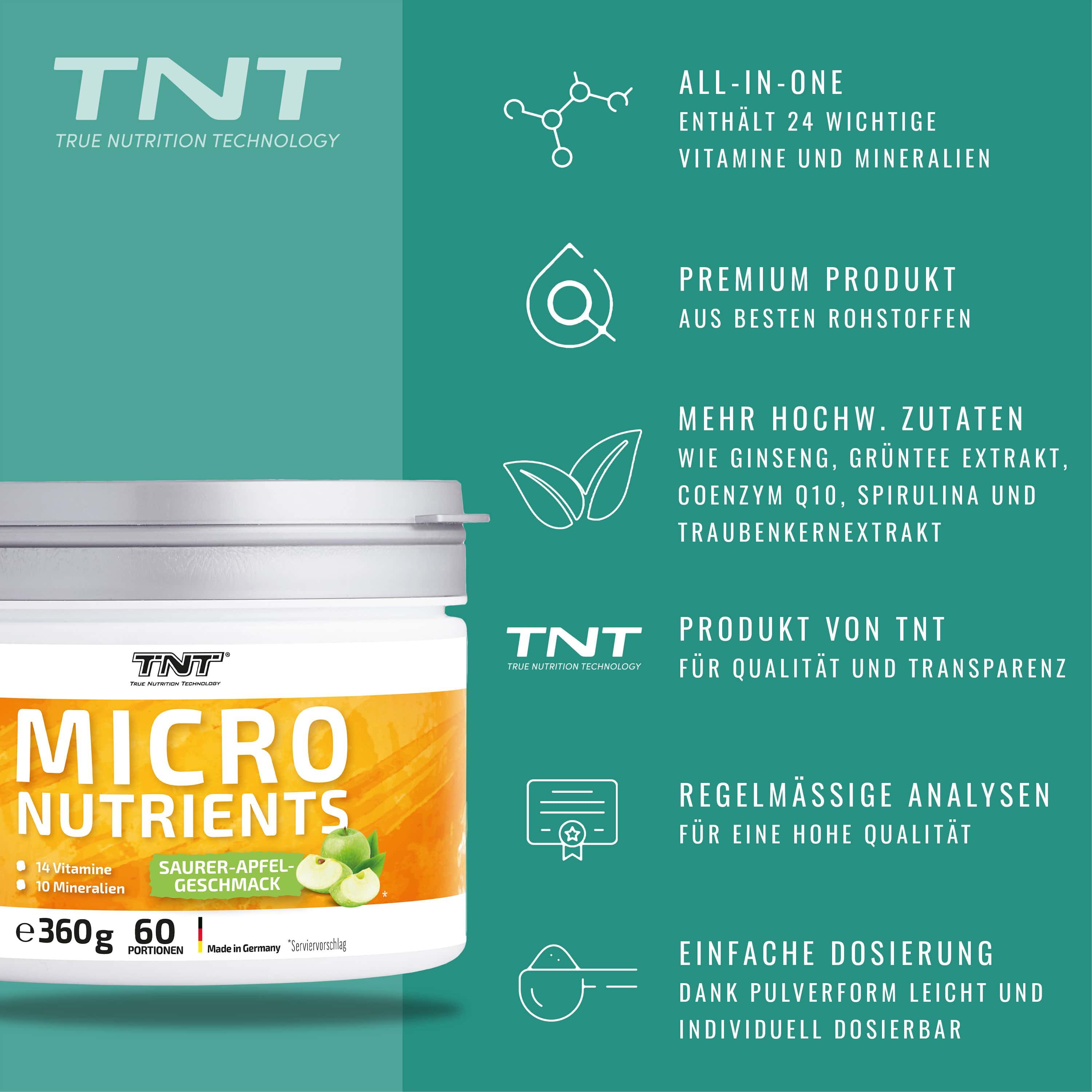 TNT Micro Nutrients Behälter. Aufschrift: MICRO NUTRIENTS, 14 Vitamine, 10 Mineralien, 360g, 60 Portionen. Text: ALL-IN-ONE, Premium Produkt, einfache Dosierung.