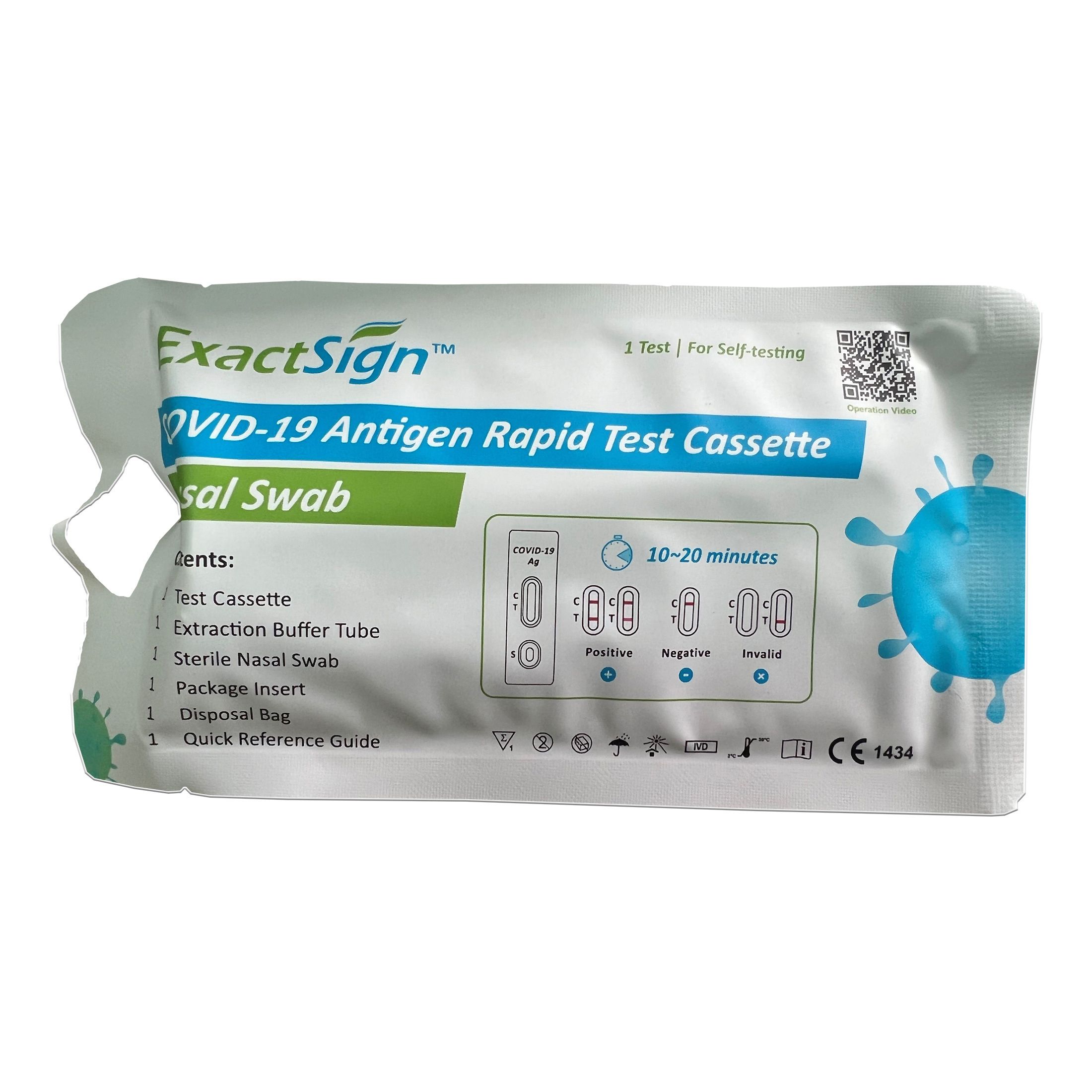 ExactSign COVID-19 Antigen-Schnelltest-Kassette. Weiße Verpackung mit blauen Akzenten. Enthält Testkassette, Tupfer, etc.
