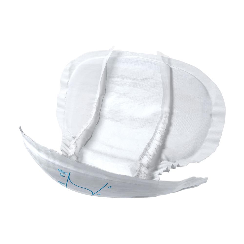 Einzelne ABENA San Premium Vorlage. Weiße, anatomisch geformte Vorlage mit blauen Details. Produktname sichtbar.