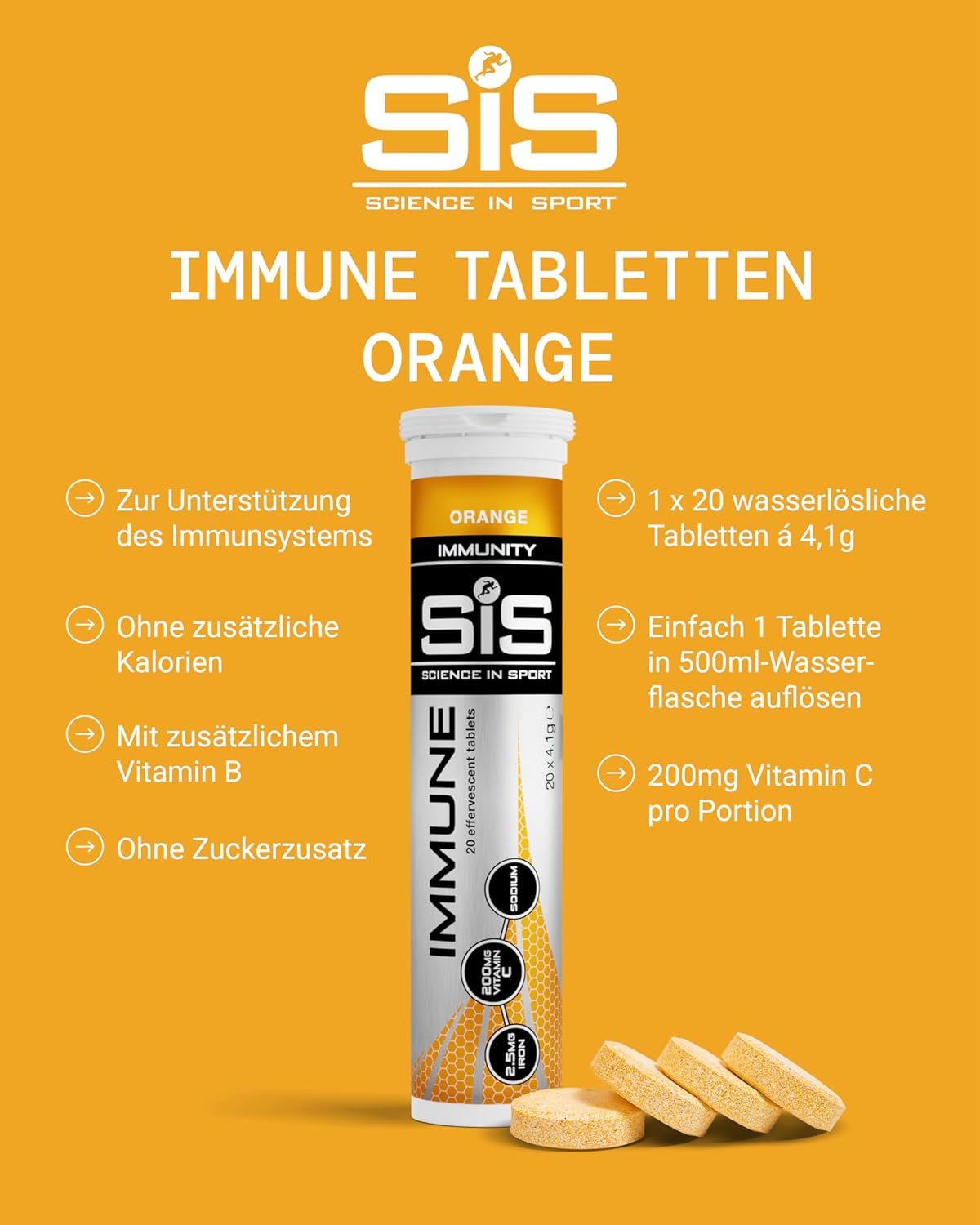 Orangefarbene Brausetabletten in einer Tube. Aufschrift: SIS IMMUNE, 20 Tabletten. Vier Tabletten liegen daneben.