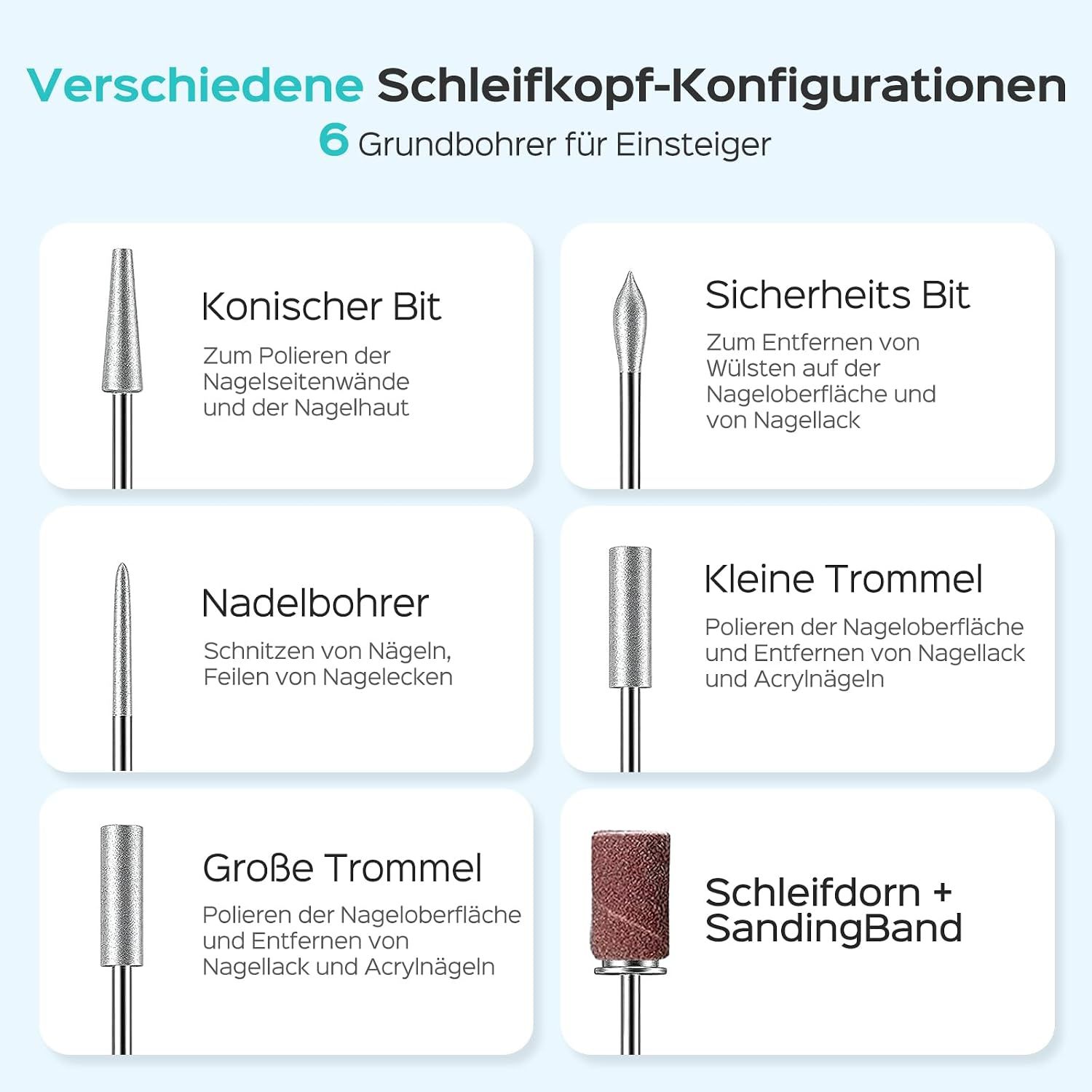 Sechs verschiedene Schleifköpfe für einen elektrischen Nagelfräser, mit Beschreibungen.
