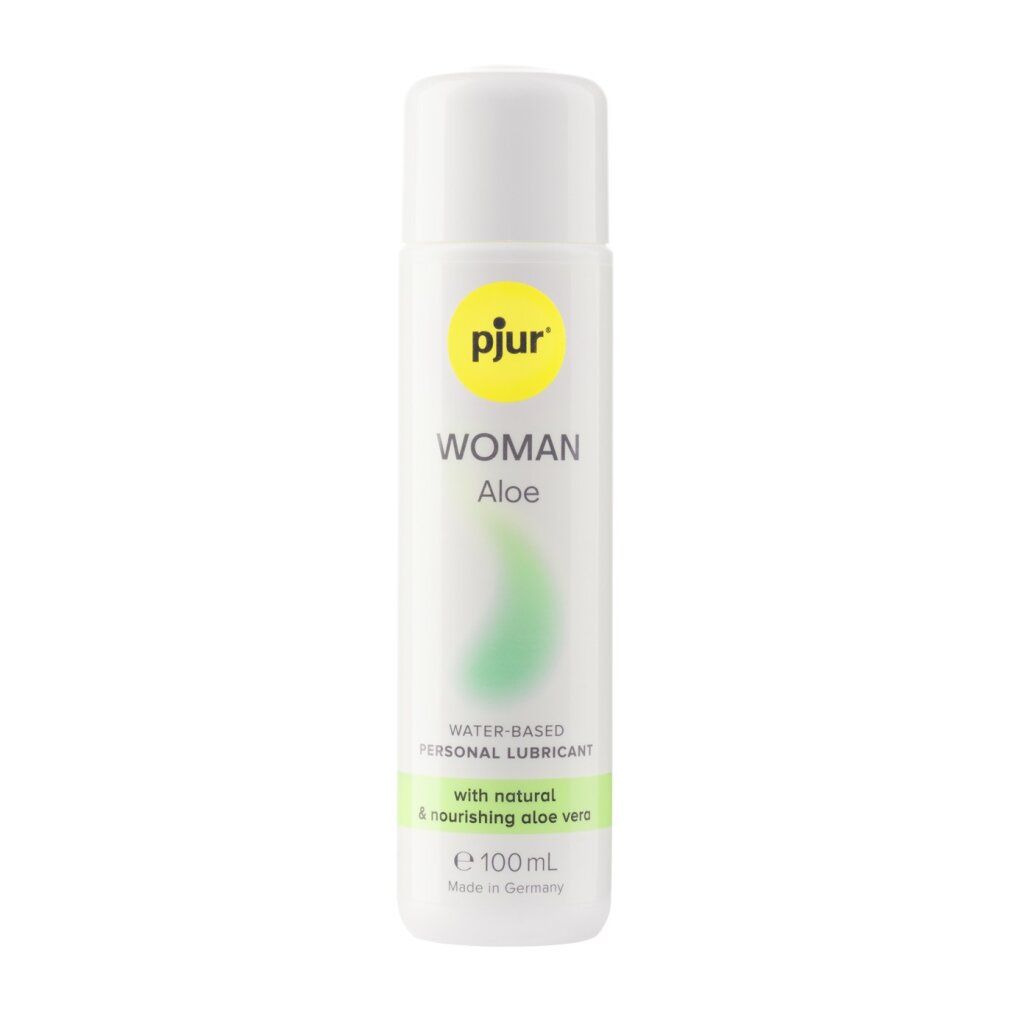 Weiße Flasche mit gelbem Logo und Schriftzug. Produktname: WOMAN Aloe. Enthält Aloe Vera. Wasserbasiert. 100 ml.