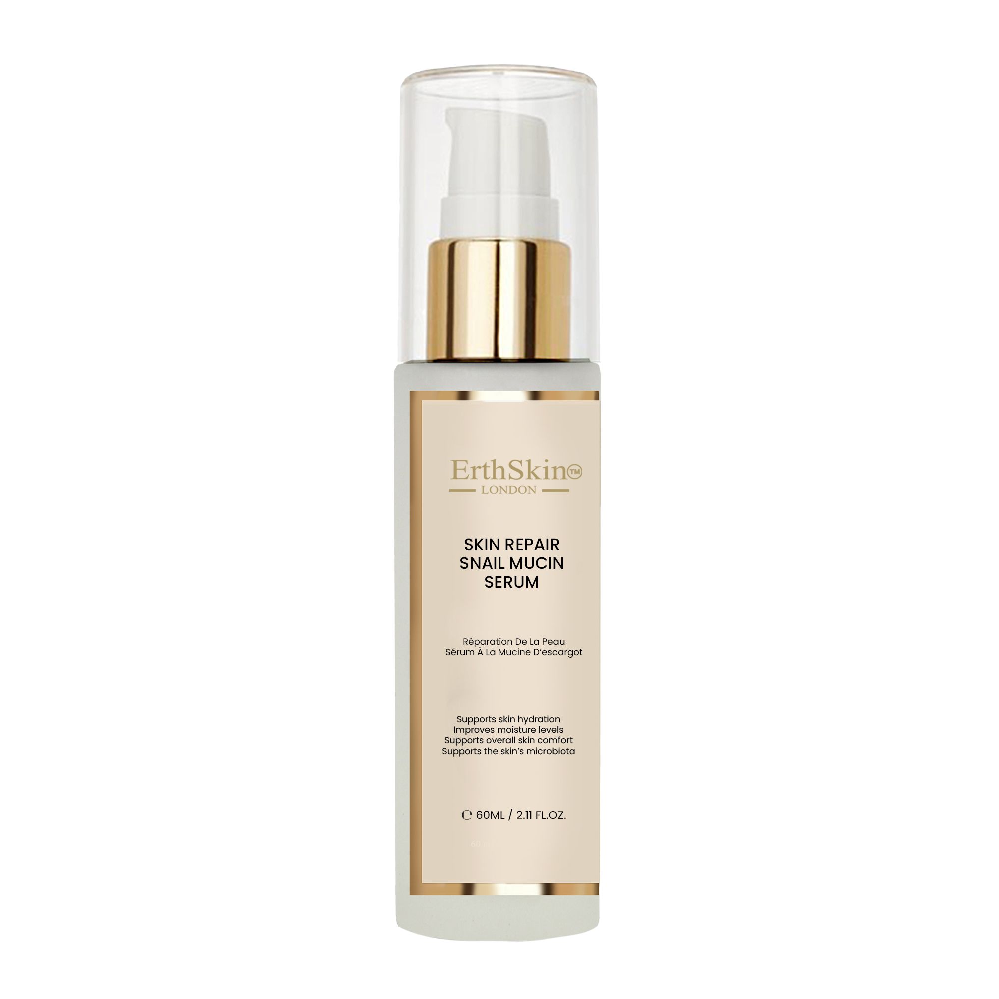 Flasche mit Pumpspender für Hautreparatur-Schneckenschleim-Serum. Goldene und weiße Etiketten mit Produktinformationen.