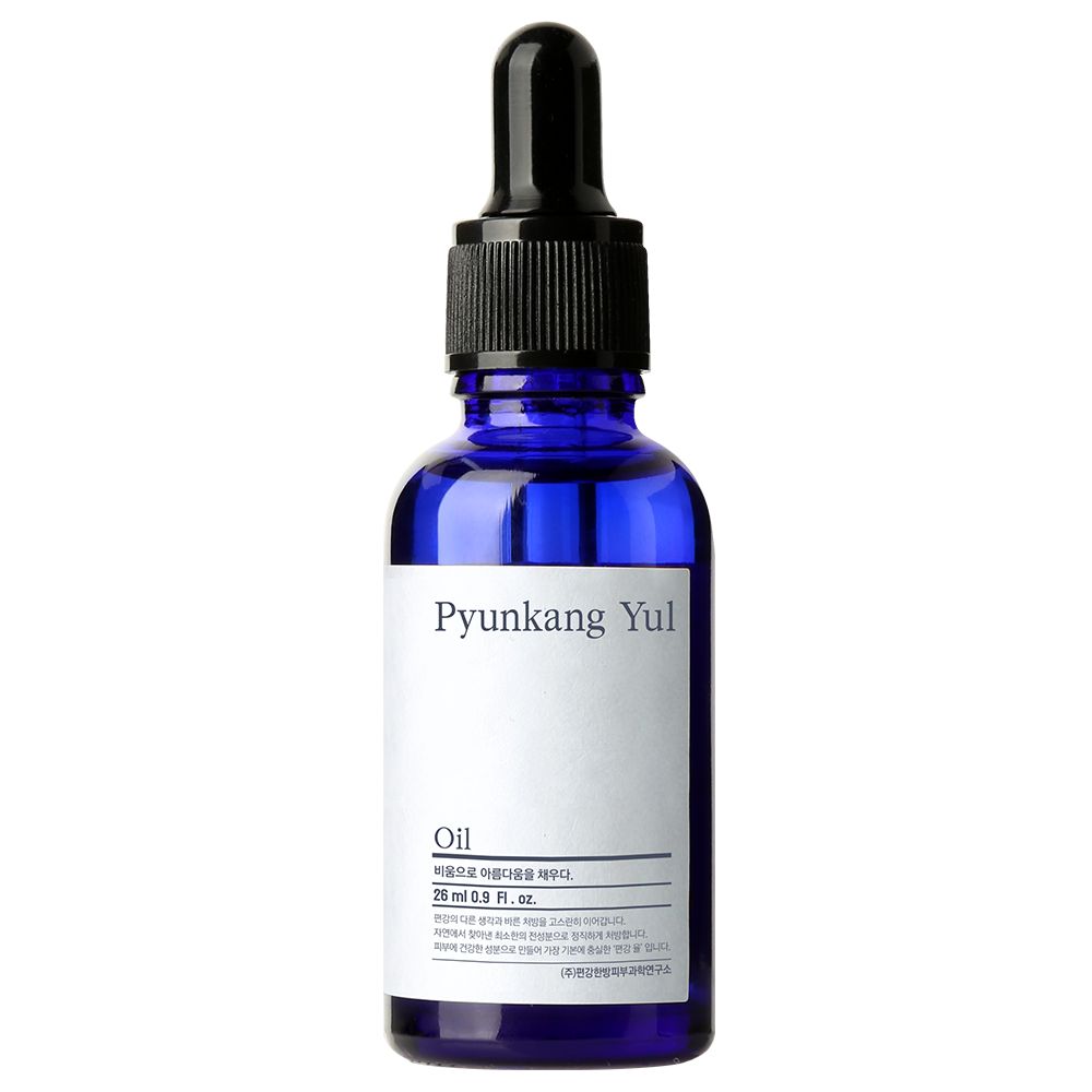 Pyunkang Yul Öl in einer blauen Glasflasche mit Pipettenverschluss.