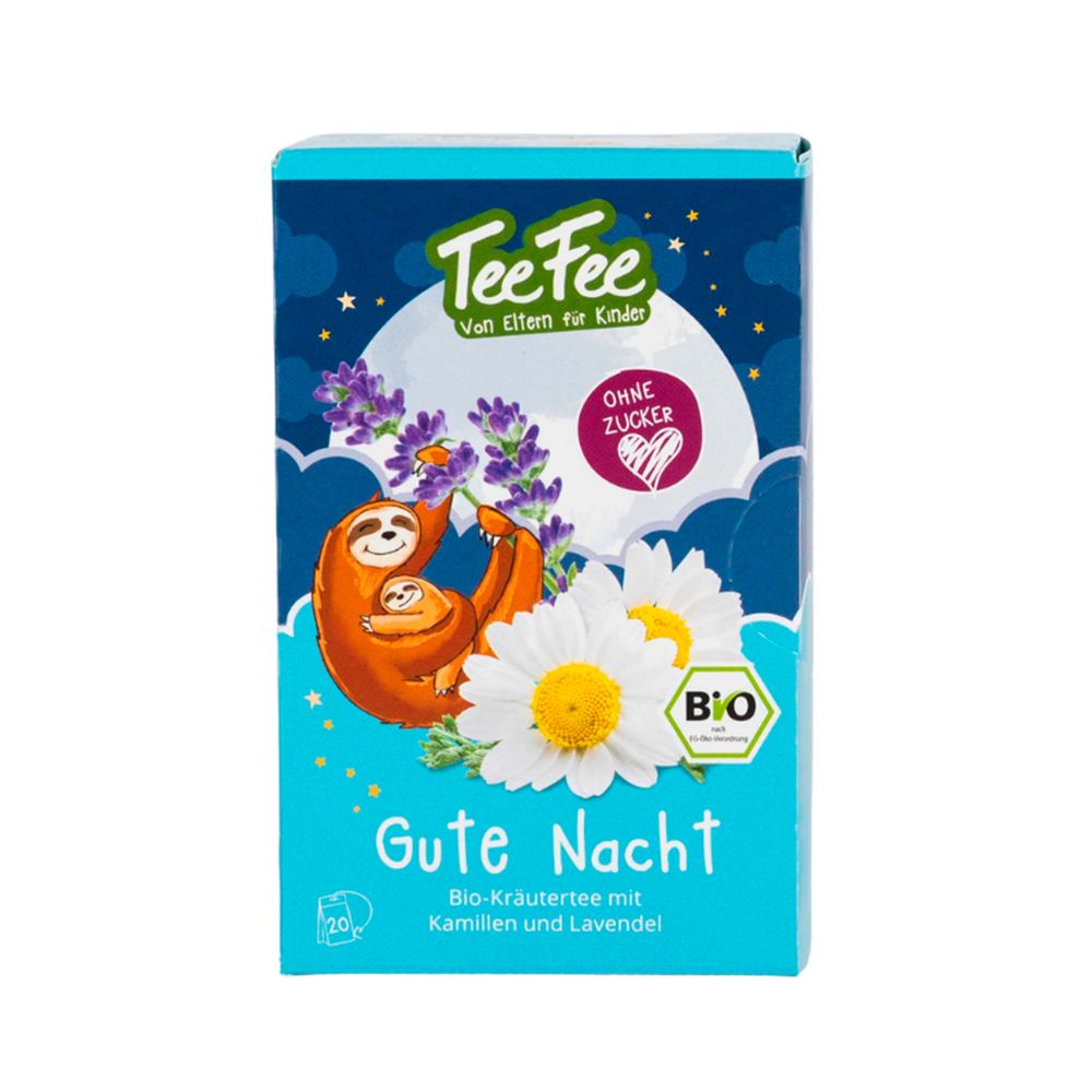Karton TeeFee Gute Nacht Bio-Kräutertee. Motiv: Faultier mit Kamille und Lavendel. Text: Ohne Zucker, Bio-Siegel.