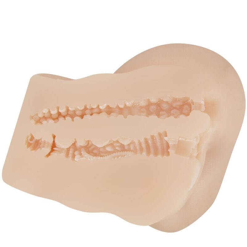 Realistischer Vagina- und Anus-Vibrator. Hautfarbenes Produkt. Innenansicht mit Textur.