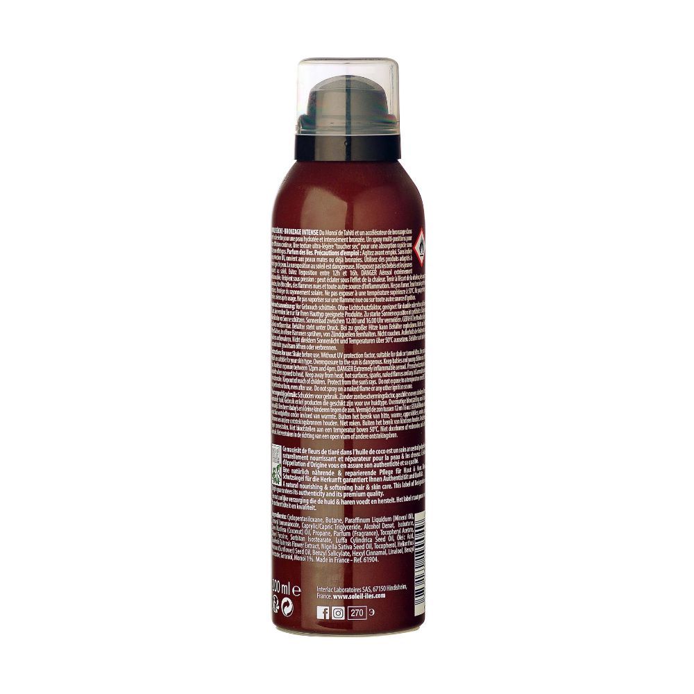 Braune Spraydose mit Text. Aufdruck: Produktinformationen und Logos. Schwarzer Sprühkopf. Etikett mit Informationen.