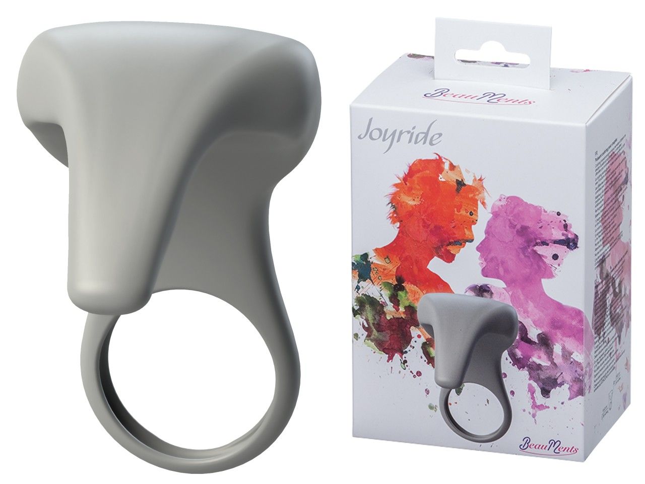 Grauer, ringförmiger Artikel mit abgerundeter Form. Nebenverpackung mit Aufdruck: Joyride, BeauMents.