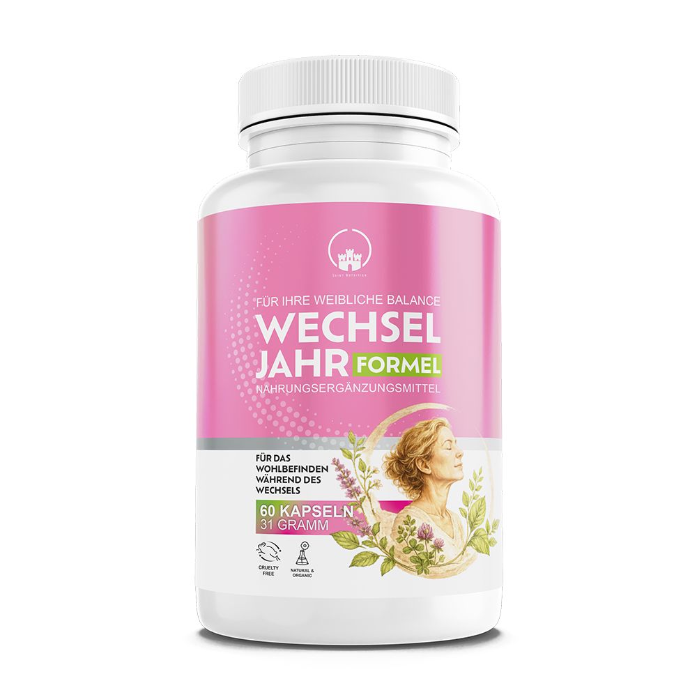 Flasche mit Wechseljahr Formel, 60 Kapseln, 31 Gramm. Mit Siegeln 'Gluten Free', 'Non GMO', 'Vegan'.