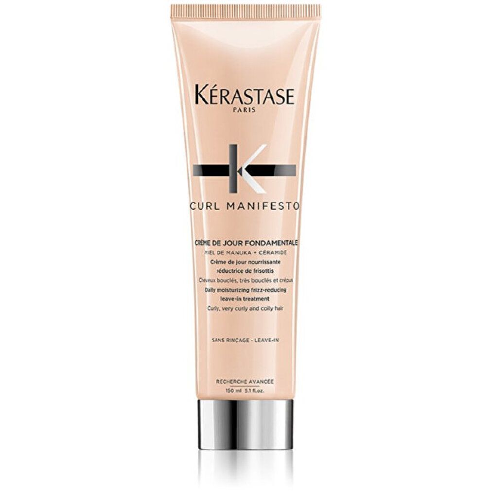 Kérastase Curl Manifesto Leave-in Creme in einer rosafarbenen Tube mit silbernem Verschluss. 100 ml.